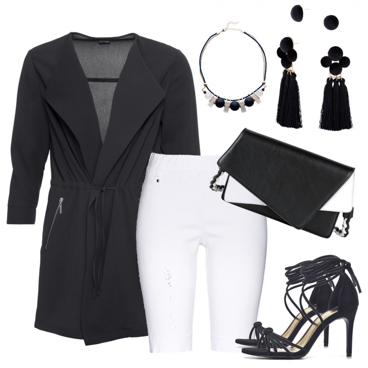 Outfit donna - Brand Inspo: PRADA. Stile Trendy per Tutti i giorni. Abbinamento con giacca camicia, bermuda, sandali con lacci nero, borsa a tracolla, orecchini, collana pendenti con sfere nero.