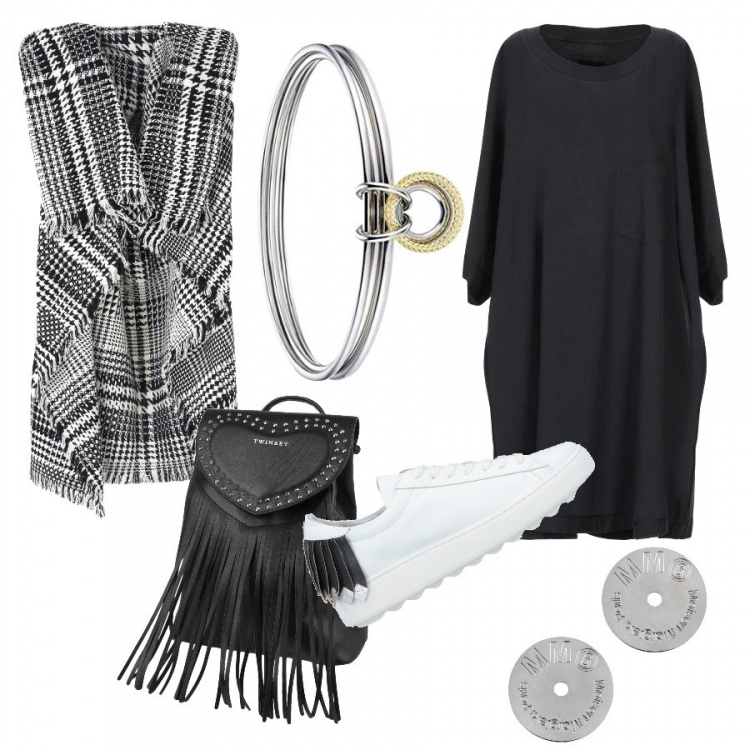 Outfit donna - Gilet e zaino con le frange. Stile Urban per Tutti i giorni. Abbinamento con t-shirt collo tondo a maniche corte in cotone jersey, sneakers, soprabito senza tasche tweed con frange scollatura profonda interno sfoderato monopetto, borsa, orecchini, braccialetti.
