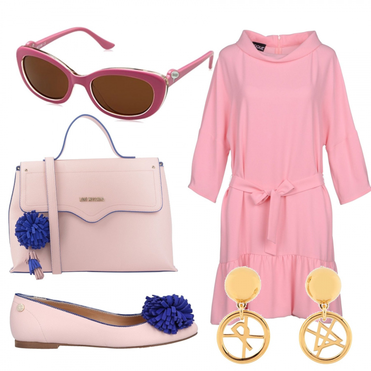 Outfit donna - Sfumature del rosa. Stile Bon Ton per Ufficio. Abbinamento con ballerine fantasia effetto scamosciato senza tacco con punta tonda, borsa a mano cartella con manico taglia media interno foderato in pelle sintetica con nappine, vestito corto crêpe, orecchini a clip, occhiali da sole rosa.