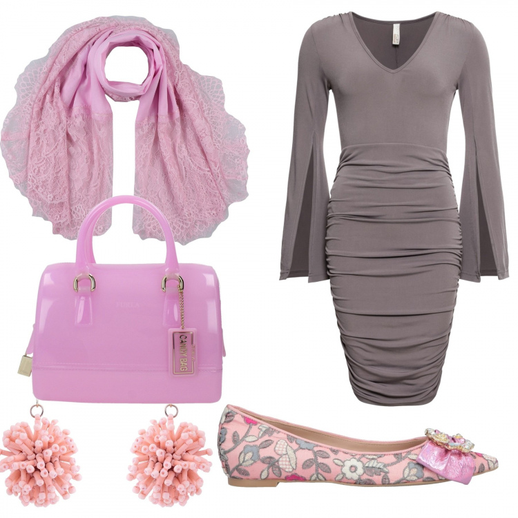 Outfit donna - Trendy #11436. Stile Trendy per Tutti i giorni. Abbinamento con vestiti, ballerine con strass fantasia floreale effetto laminato senza tacco interno in pelle a punta jacquard, sciarpe, orecchini oro e argento, borsa a mano rosa.