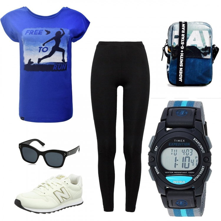 Outfit donna - Running. Stile Basic per Sport. look ideale per Tall. Abbinamento con scarpe sport in pelle bianco e beige, leggings nero, t-shirt con stampa e scollo a maniche corte azzurro, borsa a tracolla con stampa e zip in denim, orologio, occhiali da sole nero.