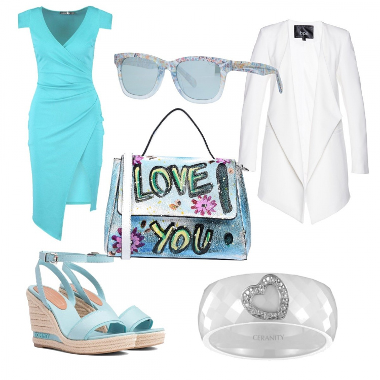 Outfit donna - 1 maggio! Tempo permettendo. Stile Trendy per Cerimonia. Abbinamento con vestiti, borsa a mano mini con manico e stampa in pelle martellata rigido, occhiali da sole lenti sfumate montatura in plastica, vestito longuette a portafoglio maxi con scritte aderente bianco e vivace, sandali con zeppe e cinturino, anello in sterling 925 argento.