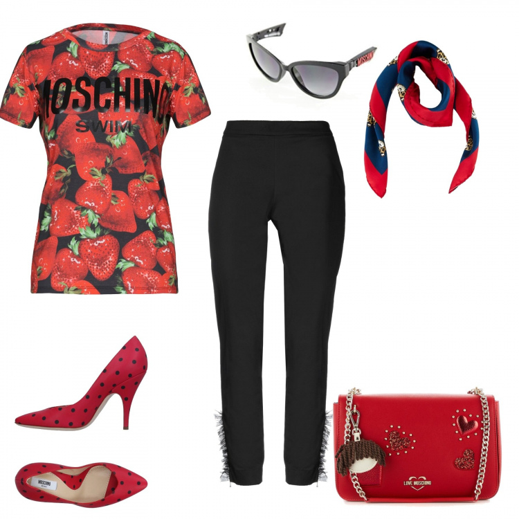 Outfit donna - Una fragolina in città. Stile Trendy per Tutti i giorni. Abbinamento con pantaloni, décolleté a pois con tacco cono a punta, t-shirt senza tasche con stampa collo tondo a maniche corte in cotone jersey, catena con zip e tracolla regolabile rosso, foulard made italy con stampa in seta blu, occhiali da sole nero.