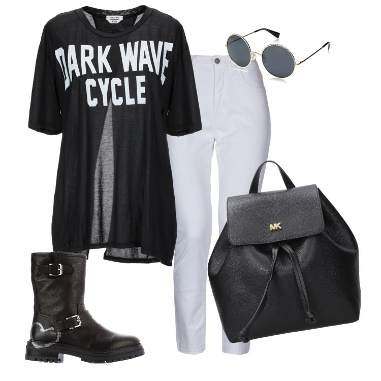 Outfit donna - Funny rock. Stile Trendy per Tutti i giorni. Abbinamento con t-shirt, jeans con zip tinta unita, zaini, stivali con stampa e zip nero, occhiali da sole oro.