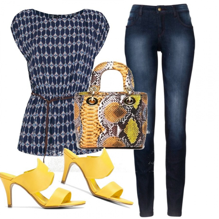 Outfit donna - Sandalo sabot. Stile Trendy per Tutti i giorni. Abbinamento con jeans skinny, sandali, camicetta con stampa aderente blu, cintura con stampa e zip con tasca interna.