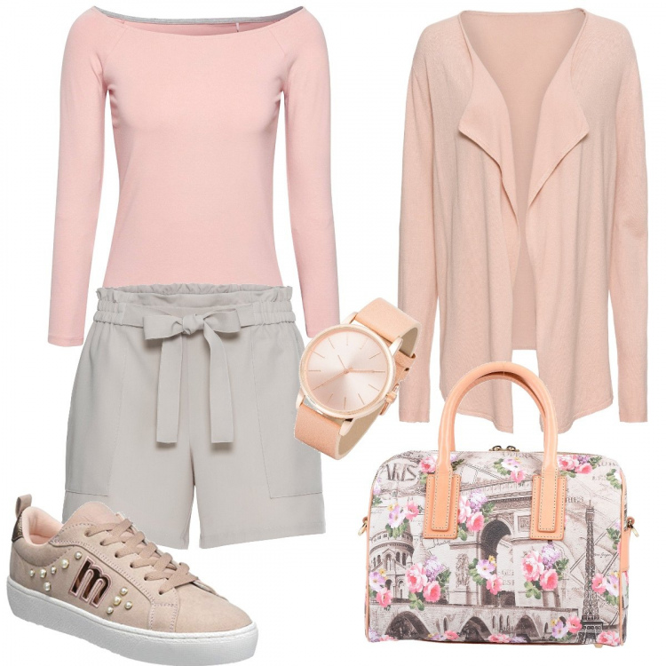Outfit donna - Peach. Stile Basic per Tutti i giorni. Abbinamento con cardigans, pantalone corto con arricciature, orologio in oro rosa beige, borsa a mano fantasia floreale taglia media con zip interno foderato in pelle fondo con piedini, scarpe da ginnastica beige, t-shirt a maniche lunghe rosa.