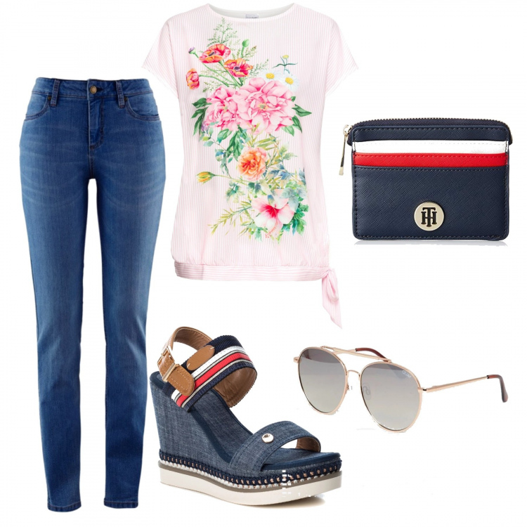 Outfit donna - Urban #4082. Stile Urban per Ufficio. Abbinamento con jeans skinny, maglia fantasia floreale jersey rosa, sandali con zeppe e fibbia con punta tonda navy, clutch blu, occhiali da sole da aviatore lenti scure stanghette sottili protezione dai raggi.