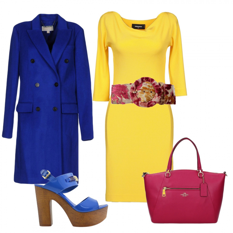 Outfit donna - Cinture a vita alta. Stile Sexy per Ufficio. Abbinamento con vestito corto a tubino interno sfoderato jersey, cappotto doppiopetto con spacco collo con revers a maniche lunghe interno foderato tinta unita, cintura multicolore, borse a mano, sandali effetto vernice con logo.
