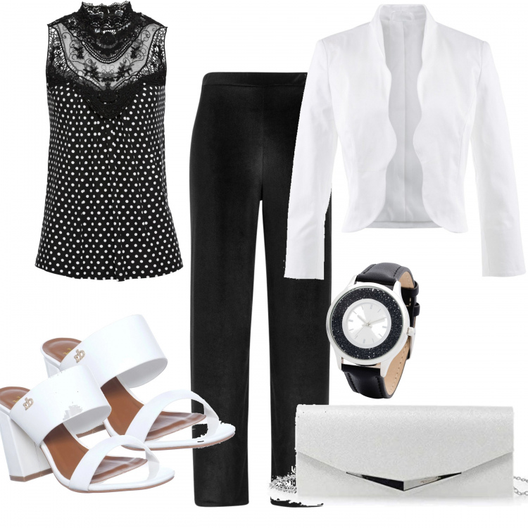 Outfit donna - Bianco e nero. Abbinamento con blazer, top, orologio con strass contrasto con cinturino in pelle sintetica nero e argento, pantalone in velluto, sandali con punta quadrata in ecopelle bianco, clutch.