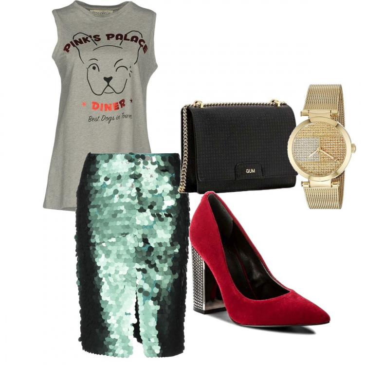 Outfit donna - Chic #6444. Stile Chic per Serata fuori. look ideale per Tall. Abbinamento con gonna longuette senza tasche con paillettes e zip interno foderato in raso tinta unita, t-shirt con stampa collo tondo senza maniche in cotone jersey, décolleté in velluto, borsa a tracolla fantasia nero, orologio analogico con cinturino.