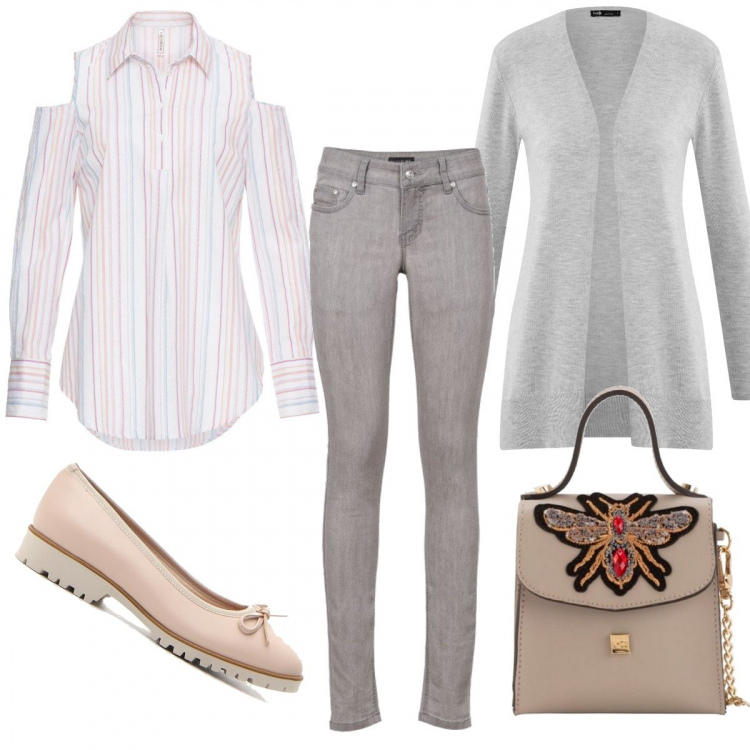 Outfit donna - Basic #6765. Stile Basic per Tutti i giorni. Abbinamento con jeans skinny, tunica lunga con spalle scoperte, ballerine, cardigan lavorato a maglia collo aperto aderente grigio, borsa a tracolla mini.