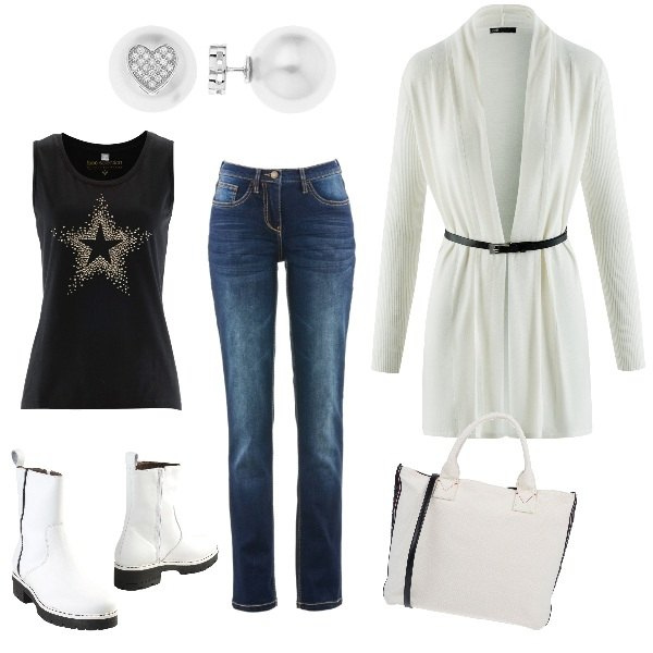 Outfit donna - Holly. Stile Basic per Tutti i giorni. Abbinamento con jeans dritti, top, stivaletti contrasto con tacco squadrato e zip con punta tonda in pelle tinta unita, borsa a mano con paillettes taglia media con zip tinta unita, cardigan con cintura avorio, orecchini in argento 925 bianco.