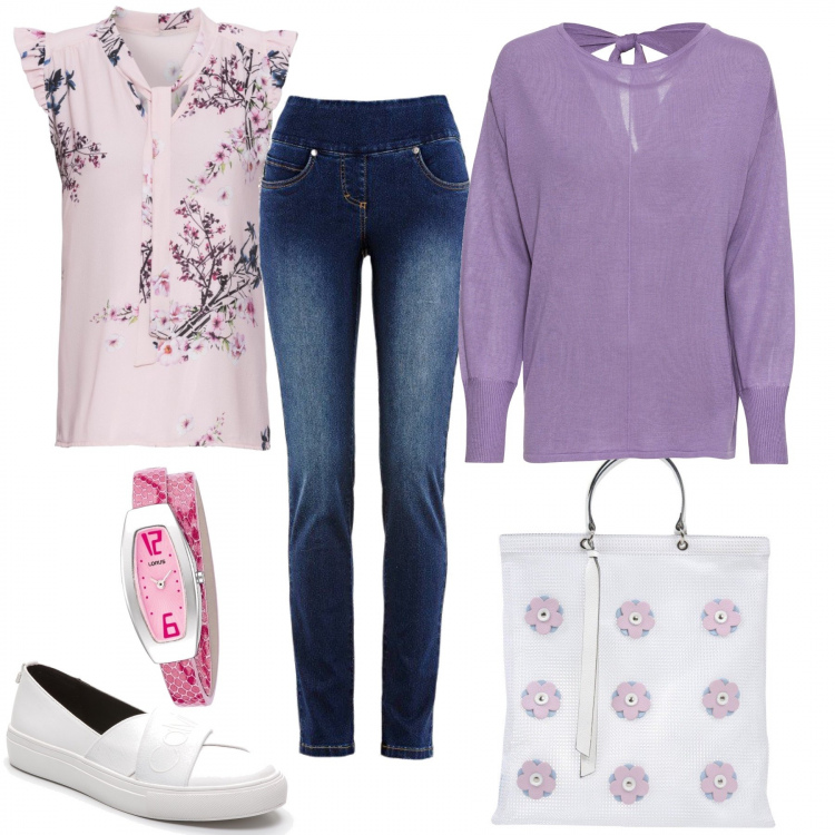 Outfit donna - Basico. Stile Basic per Scuola/Università. Abbinamento con bluse, jeans slim fit, maglione, borsa a mano maxi contrasto doppio manico interno sfoderato in tessuto tecnico tinta unita, slippers con punta tonda bianco, orologio.