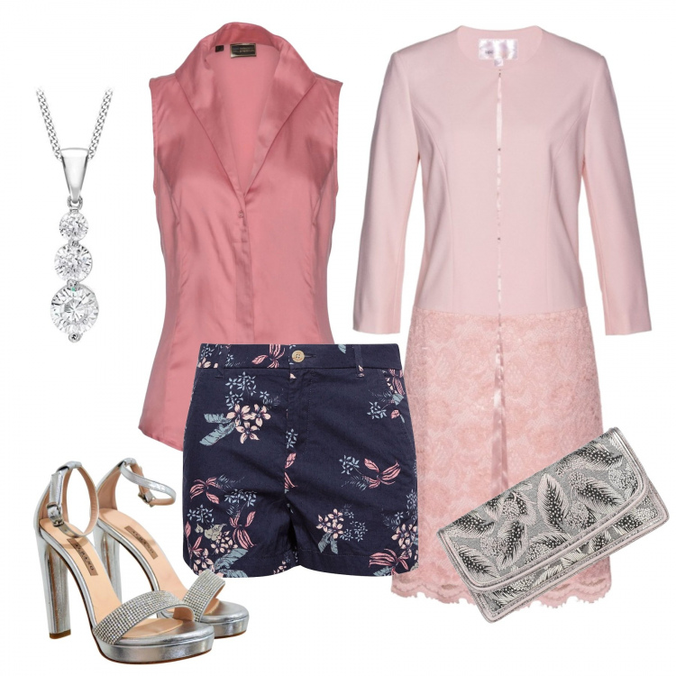 Outfit donna - Il rosa, il blu, il grigio. Stile Sexy per Serata fuori. Abbinamento con jeans, blazer, borsa a mano fantasia floreale effetto laminato taglia media interno sfoderato jacquard, pantalone corto multicolore e navy, sandali con strass effetto metallizzato con cinturino, collana.
