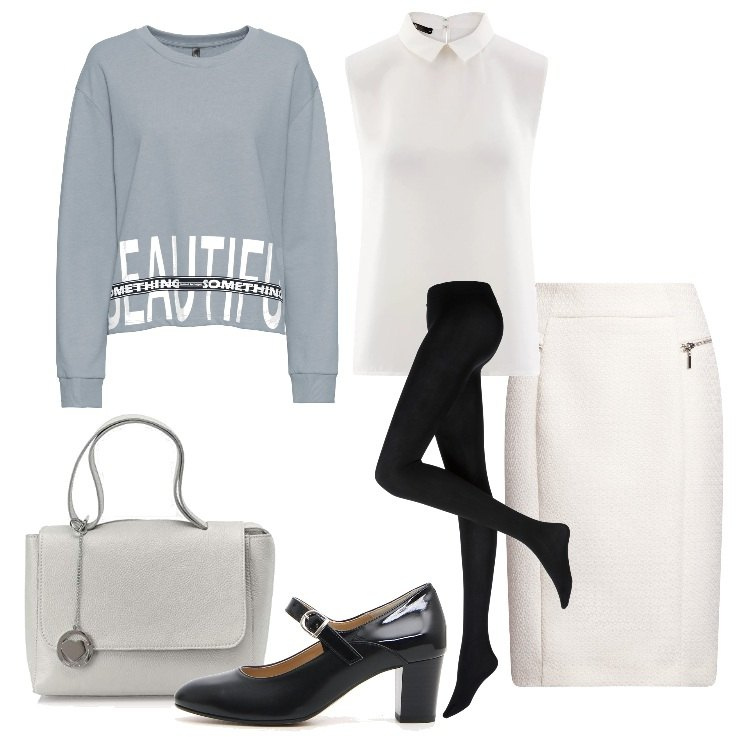 Outfit donna - Inspo Prada low cost. Stile Trendy per Tutti i giorni. Abbinamento con collant, felpa, gonna a tubino con spacco e zip avorio, top aderente bianco, décolleté, borsa a mano grigio.