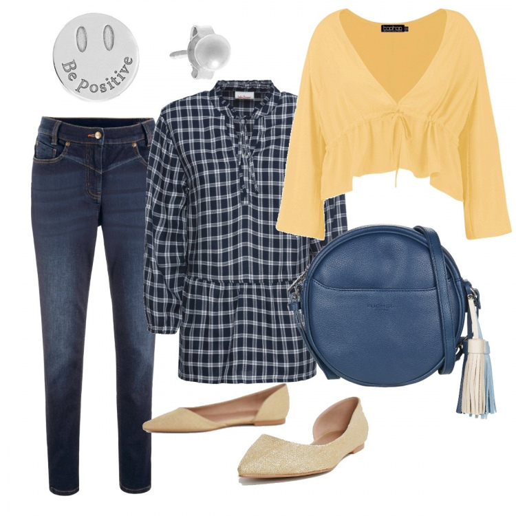 Outfit donna - Be positive !. Stile Basic per Tutti i giorni. Abbinamento con tunica blu, jeans skinny elasticizzato nero, top crop, borsa a tracolla blu, ballerine pianta larga, orecchini in argento 925 argento.