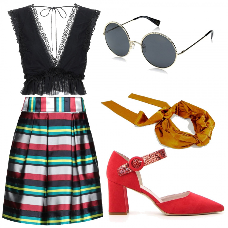 Outfit donna - Ispirato prada. Stile Chic per Ufficio. Abbinamento con gonna al ginocchio a righe effetto acetato con zip interno foderato in raso con pieghe, top con pizzo scollatura profonda senza maniche con laccetti in tulle tinta unita, décolleté, occhiali da sole oro, sciarpa con nodi e fasce in denim.