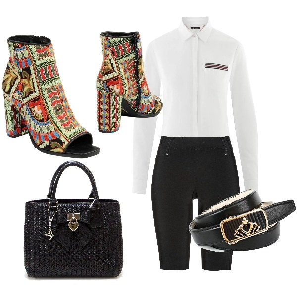 Outfit donna - Quasi sobrio. Stile Urban per Tutti i giorni. Abbinamento con stivaletti fantasia multicolore con ricamo e tacco squadrato con zip interno foderato open toe pianta larga 90% cotone, charm con fiocco made italy con zip e tracolla removibile nero, camicia aderente bianco, bermuda, cintura nero.