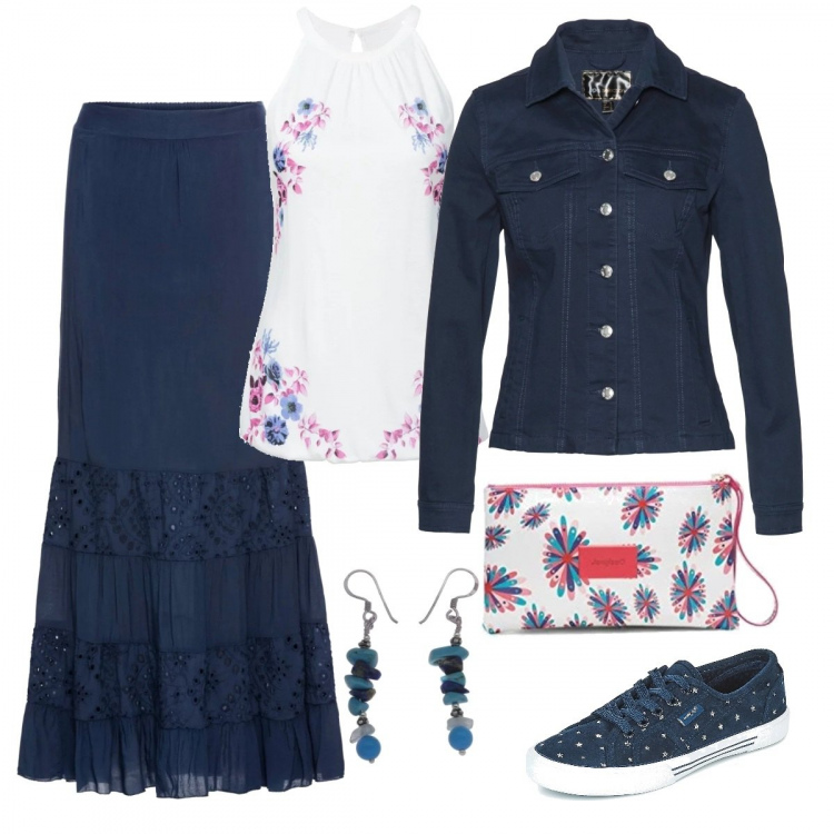 Outfit donna - Gonna lunga con pizzo. Stile Etnico per Tutti i giorni. Abbinamento con top, top, blazer, scarpe blu, borsa a tracolla, orecchini pendenti in sterling 925 argento.