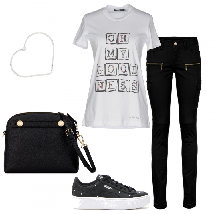 Outfit donna - Tranquilla e stay alive. Stile Basic per Tutti i giorni. Abbinamento con pantaloni cargo, bracciale pendenti, t-shirt senza tasche con stampa collo tondo a maniche corte in cotone jersey, sneakers, borsa a tracolla.
