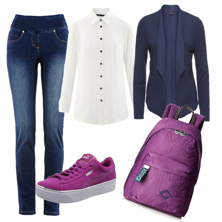 Outfit donna - 30 e lode. Stile Basic per Scuola/Università. Abbinamento con jeans slim fit, borse a tracolla, sneakers rosa e bianco, camicetta bianco, zaino viola.