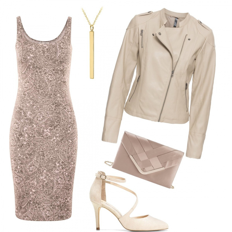 Outfit donna - Uma Thurman style. Stile Basic per Serata fuori. Abbinamento con gonne, giacca, décolleté pumps con cinturino beige, vestito, collana argento.