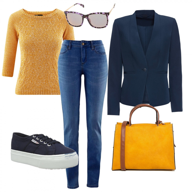 Outfit donna - Blu e giallo. Stile Basic per Tutti i giorni. Abbinamento con blazer, jeans skinny, maglioncino a maniche 3/4 aderente giallo, vestito petite contrasto con zip in denim con tracolla removibile, scarpe da ginnastica blu, occhiali da sole marrone.