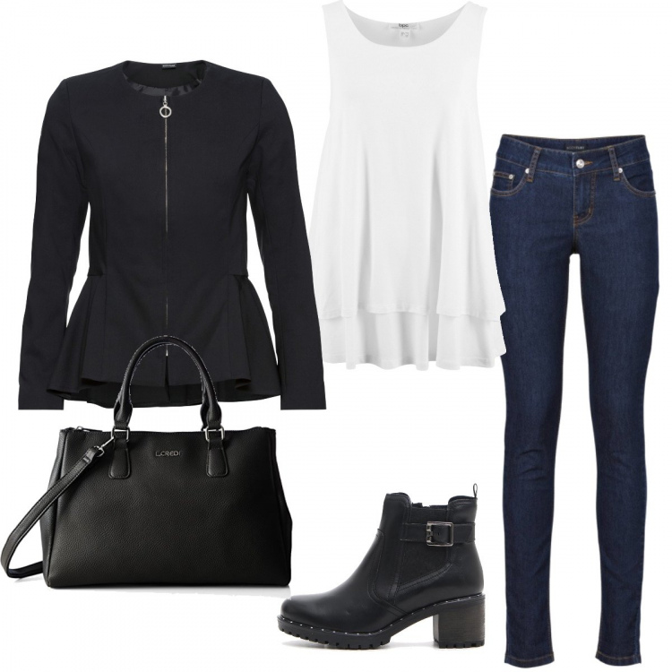 Outfit donna - Riunione in ufficio. Stile Basic per Ufficio. Abbinamento con jeans skinny, blazer con zip nero, top, tronchetti con tacco basso, borsa a spalla nero.