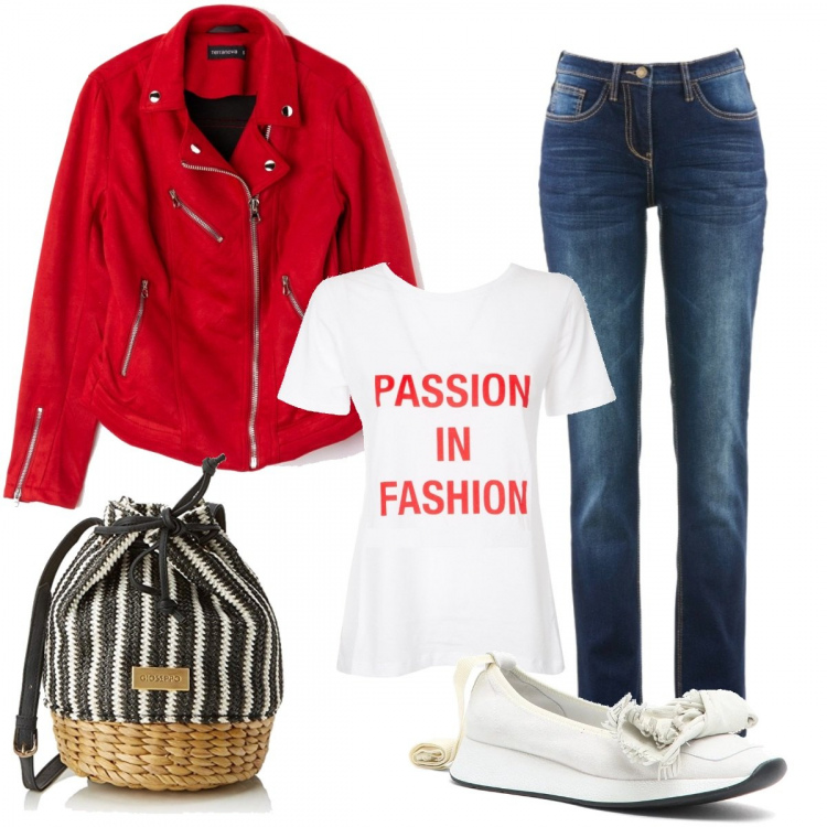 Outfit donna - Maggio in rosso. Stile Trendy per Tutti i giorni. Abbinamento con jeans dritti, giubbotto forma asimmetrica con zip tinta unita rosso, sneakers con lacci bianco, t-shirt con nodi e stampa con scollo a maniche corte, shopping bag.