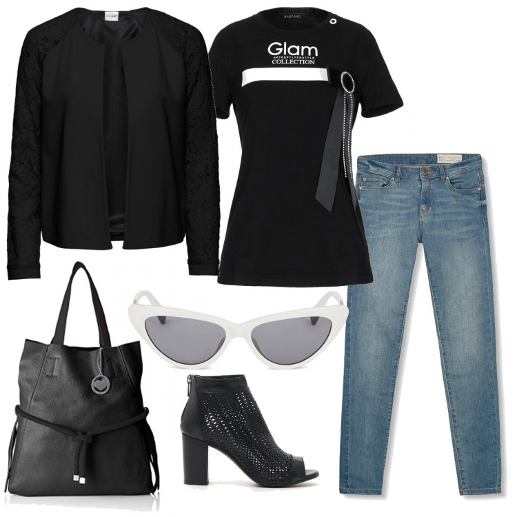 Outfit donna - Giusto per la stagione. Stile Basic per Tutti i giorni. Abbinamento con blazer, t-shirt senza tasche collo tondo a maniche corte in cotone jersey, stivaletti, shopping bag nero, jeans in denim blu, occhiali da sole.