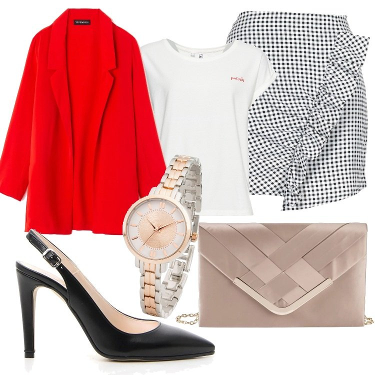 Outfit donna - A touch of color. Stile Urban per Ufficio. Abbinamento con gonne, maglia taglio dritto beige, orologio, giacca rosso, gonna bianco, décolleté.