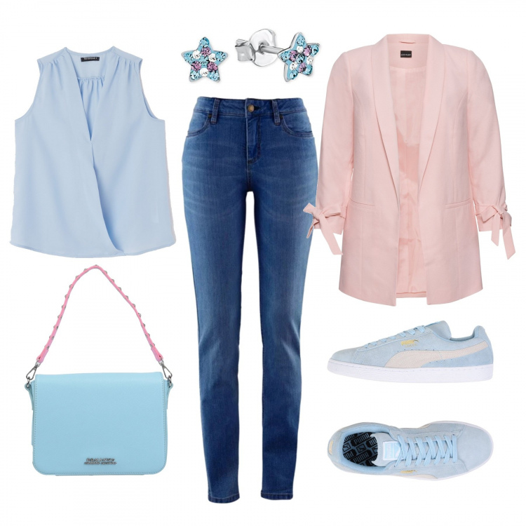 Outfit donna - Rosa celeste sporty chic. Stile Chic per Tutti i giorni. Abbinamento con jeans skinny, blazer pastello, sneakers tennis, borsa mini con manico interno foderato in pelle sintetica tinta unita, blusa pastello.