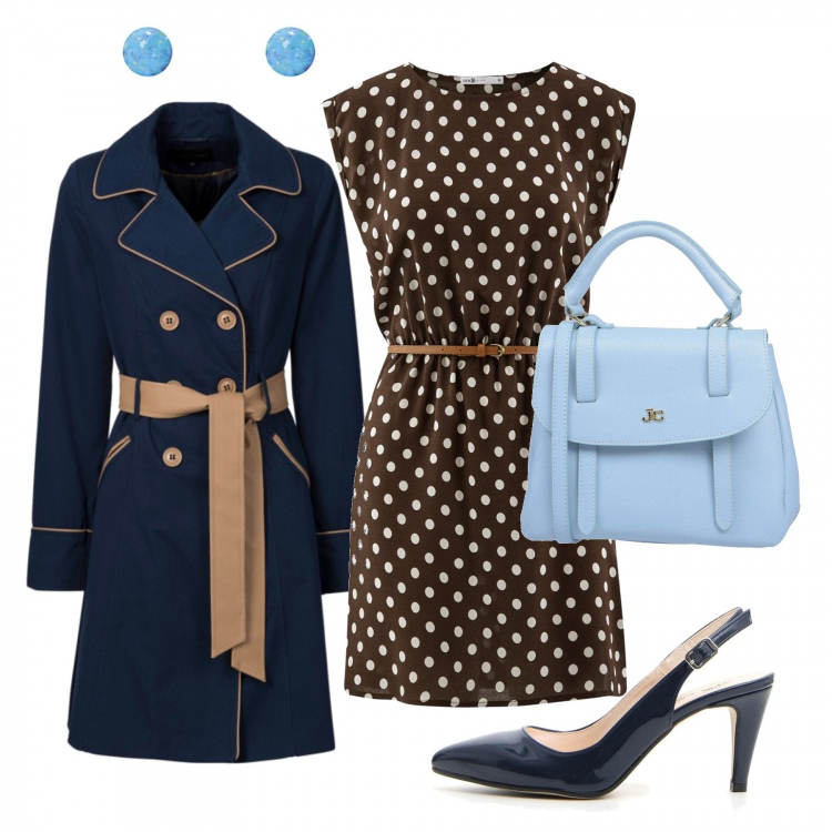 Outfit donna - In ufficio a pois. Stile Bon Ton per Ufficio. Abbinamento con trench, borsa a mano mini con manico in pelle martellata interno foderato tinta unita, vestito mini con stampa marrone, décolleté, orecchini a perno farfallina effetto lucido argento e blu.