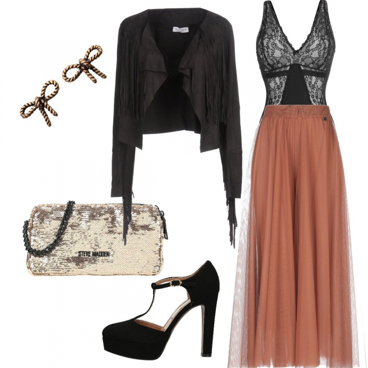 Outfit donna - Pizzi e merletti. Stile Sexy per Serata fuori. Abbinamento con body, gonna lunga senza tasche interno foderato in tulle tinta unita, giacca senza tasche effetto scamosciato scollatura profonda a maniche lunghe tinta unita, borsa a mano mini con paillettes e zip in tulle tinta unita, orecchini, sandali nero.