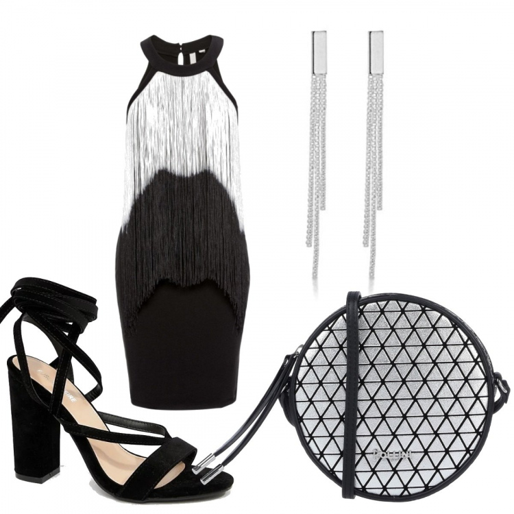 Outfit donna - Cerimonia. Stile Chic per Cerimonia. Abbinamento con borsa a tracolla mini fantasia effetto laminato con zip interno foderato, borse a secchiello, sandali con stringhe e tacco largo collo aperto nero, orecchini a pendolo ipoallergenico argento e bianco.