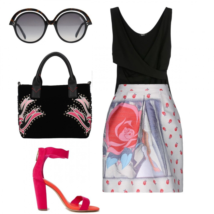 Outfit donna - Brand Inspo:Prada. Stile Trendy per Cerimonia. Abbinamento con gonna al ginocchio fantasia con zip interno foderato jacquard, top scollatura profonda crêpe, occhiali da sole fantasia, borsa a mano con borchie in velluto con tasca interna nero, sandali con tacco largo.