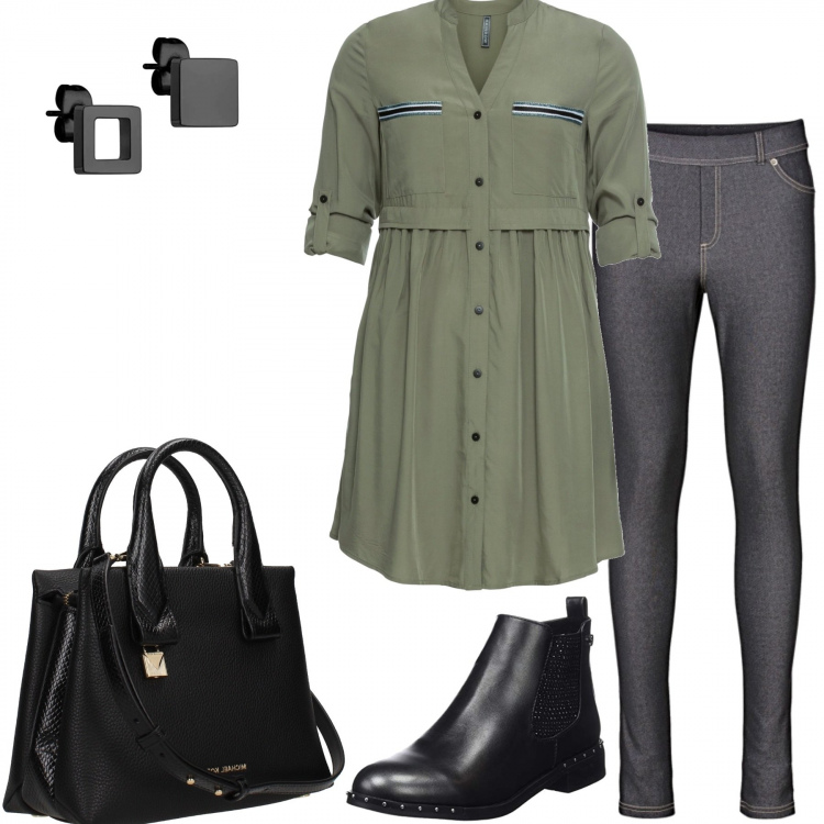 Outfit donna - Urban style. Stile Urban per Tutti i giorni. Abbinamento con vestiti chemisier, jeggings, borsa a mano con tracolla regolabile nero, stivaletti nero, orecchini.