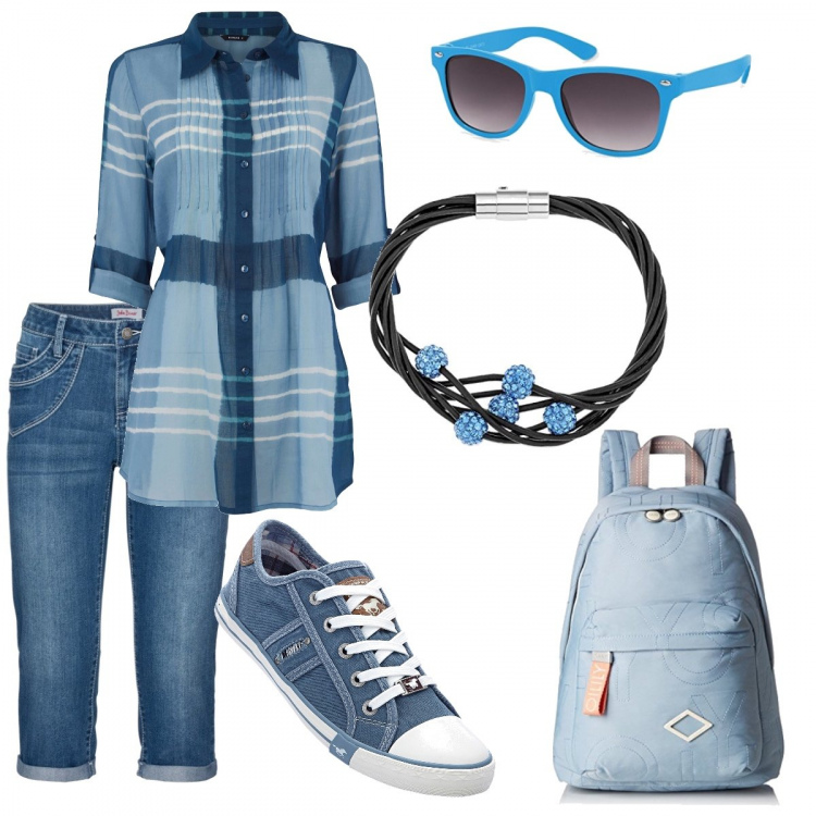 Outfit donna - Primavera in blu. Stile Trendy per Tutti i giorni. Abbinamento con jeans dritti, sneakers, camicia a quadri blu, borsa zainetto blu, bracciale blu, occhiali da sole blu e grigio.