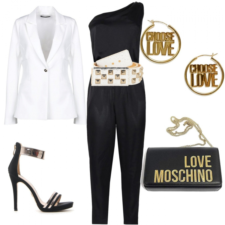 Outfit donna - Love. Stile Sexy per Serata fuori. Abbinamento con salopette con arricciature vita alta con zip interno sfoderato in raso monospalla tinta unita, giacca con spacco posteriore collo con revers a maniche lunghe interno foderato jersey, cintura con borchie e fibbia bianco, borsa a tracolla in ecopelle oro, sandali, orecchini collo aperto a scatto argento e oro.