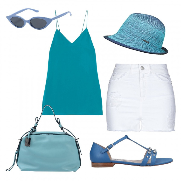 Outfit donna - Al mare!. Stile Basic per Mare. Abbinamento con sandali pelle con strass in pelle martellata senza tacco con fibbia e punta tonda tinta unita, shorts con frange vita alta con zip in denim tinta unita, top collo a v interno foderato in seta tinta unita, borsa a mano con manico taglia media con zip in pelle tinta unita, occhiali da sole lenti colorate montatura in plastica, cappello taglia unica turchese.