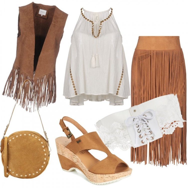Outfit donna - Romantica indiana. Stile Etnico per Tutti i giorni. Abbinamento con cintura, gonna, top collo tondo senza maniche in tulle tinta unita, top con frange scollatura profonda senza maniche tinta unita, borsa a spalla con manico e stampa effetto scamosciato taglia media con zip interno foderato in pelle con tasca interna, sandali.