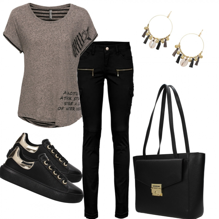 Outfit donna - Leggeva William Blake. Stile Basic per Tutti i giorni. Abbinamento con pantaloni cargo, maglia a righe tinta unita grigio, orecchini, sneakers con strass e logo frontale nero, borsa a spalla con logo frontale nero.