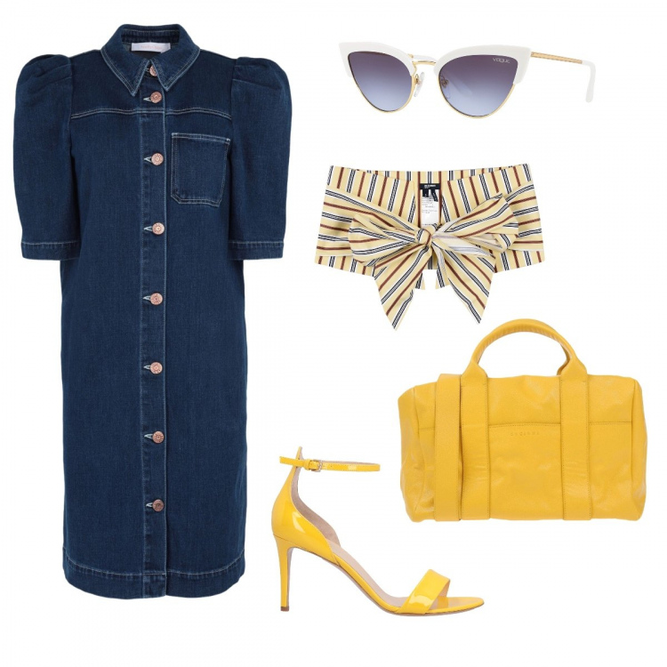 Outfit donna - Semplicemente bella. Stile Trendy per Tutti i giorni. Abbinamento con cintura a righe in cotone navy, borsa a mano con stampa taglia media con zip interno foderato in pelle tinta unita, vestito in denim, occhiali da sole, sandali col tacco.
