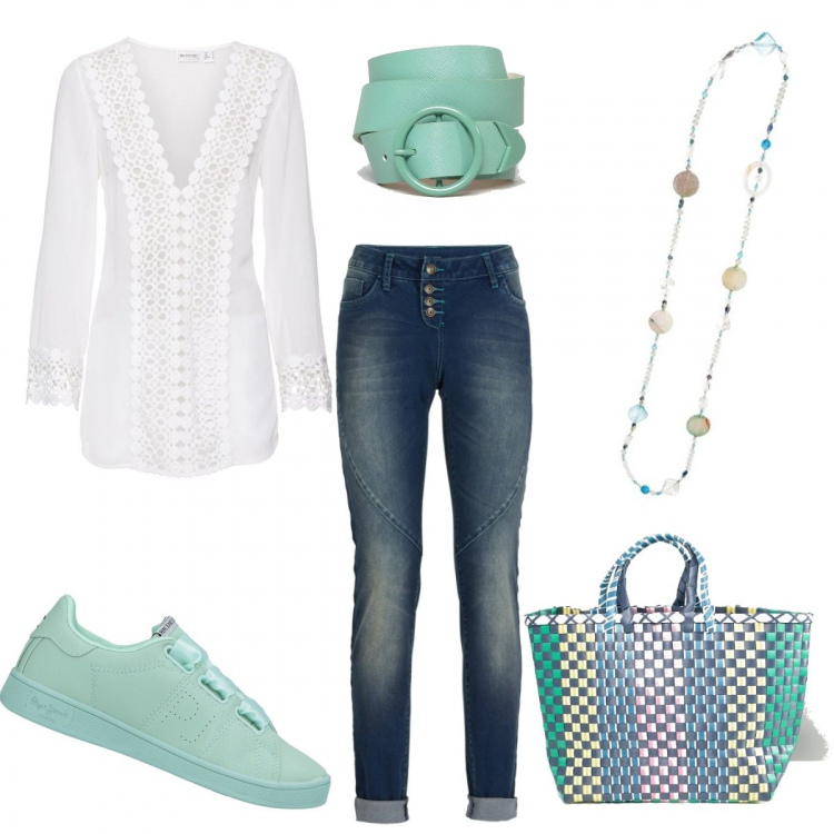 Outfit donna - Urban #4178. Stile Urban per Tutti i giorni. Abbinamento con jeans boyfriend, tuniche, sneakers tennis, stivaletti in denim jersey multicolore, pendente con catenina, cintura con fibbia in denim lunghezza regolabile verde.