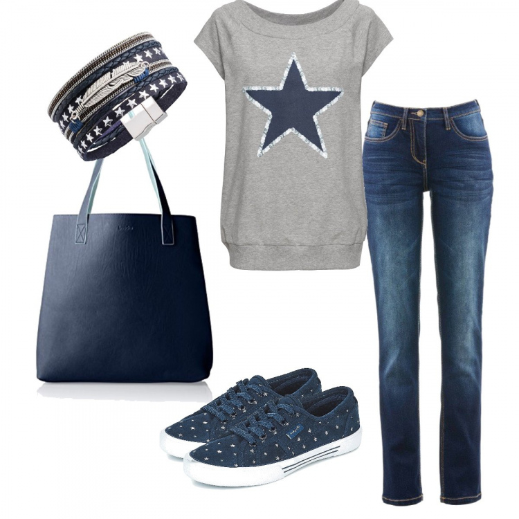 Outfit donna - Star. Stile Basic per Tutti i giorni. Abbinamento con jeans dritti, maglia taglio dritto con scollo grigio, felpe con cappuccio, scarpe blu, shopping bag.