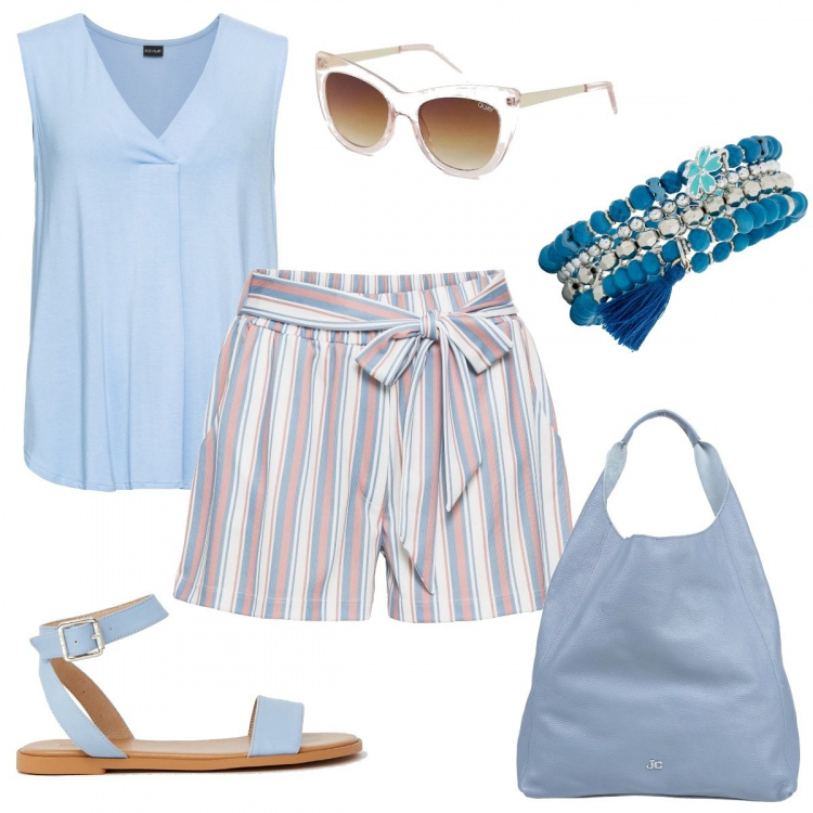 Outfit donna - Toni pastello. Stile Basic per Mare. Abbinamento con top, pantalone corto con cintura a righe rosa, bracciale, borsa a mano maxi in pelle martellata con manico tinta unita, sandali collo aperto pianta larga in denim suola piatta, occhiali da sole a gatto lenti scure stanghette sottili protezione dai raggi.