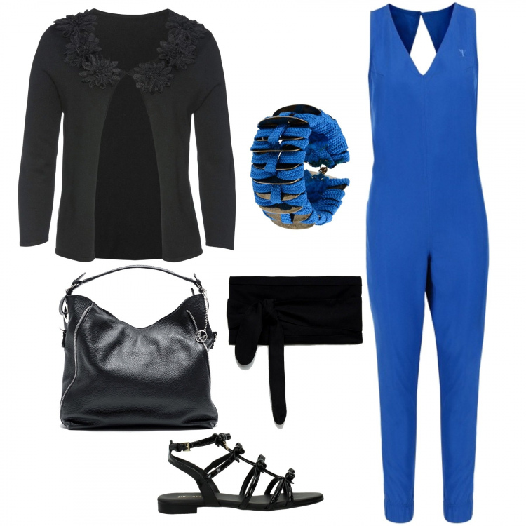 Outfit donna - Serata estiva. Stile Trendy per Serata fuori. Abbinamento con cardigan fantasia floreale con scollo nero, bracciale a calamita in tessuto tecnico, sandali effetto vernice nero, jumpsuit blu, cintura con cinturino nero, catena con manico e zip nero.