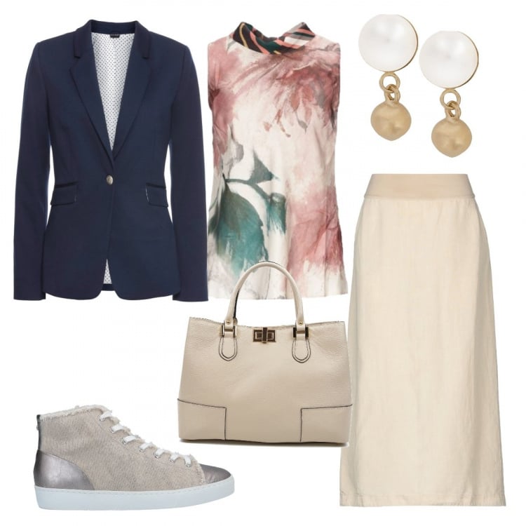 Outfit donna - Ispirazione Prada. Stile Trendy per Tutti i giorni. Abbinamento con blazer, top, gonna longuette a trapezio tinta unita, sneakers tennis fantasia effetto laminato senza tacco con punta tonda, borsa a tracolla tote con zip in pelle tinta unita beige, orecchini.