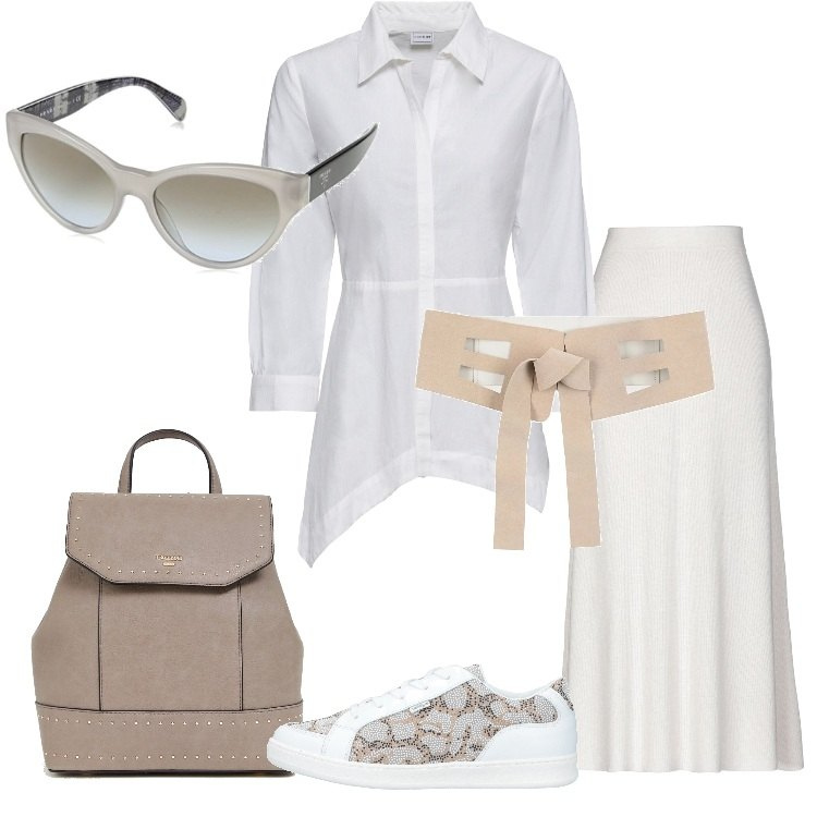 Outfit donna - Trendy in bianco e cintura a vita alta. Stile Trendy per Tutti i giorni. Abbinamento con camicie, gonna longuette lavorato a maglia interno sfoderato tinta unita, sneakers con strass, cintura effetto scamosciato tinta unita, zaino con manico e borchie con spalline e zip con tasca interna, occhiali da sole.