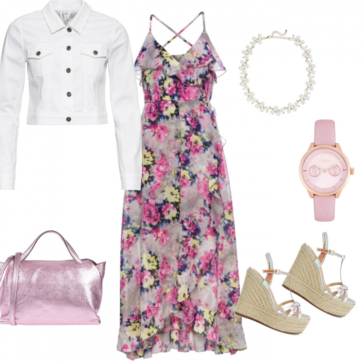 Outfit donna - Rosa forever. Stile Urban per Tutti i giorni. Abbinamento con vestiti, giacca in denim, borsa a mano effetto laminato taglia media con zip interno foderato tinta unita, collana con strass e gancio maglia, scarpe con tacco, orologio.